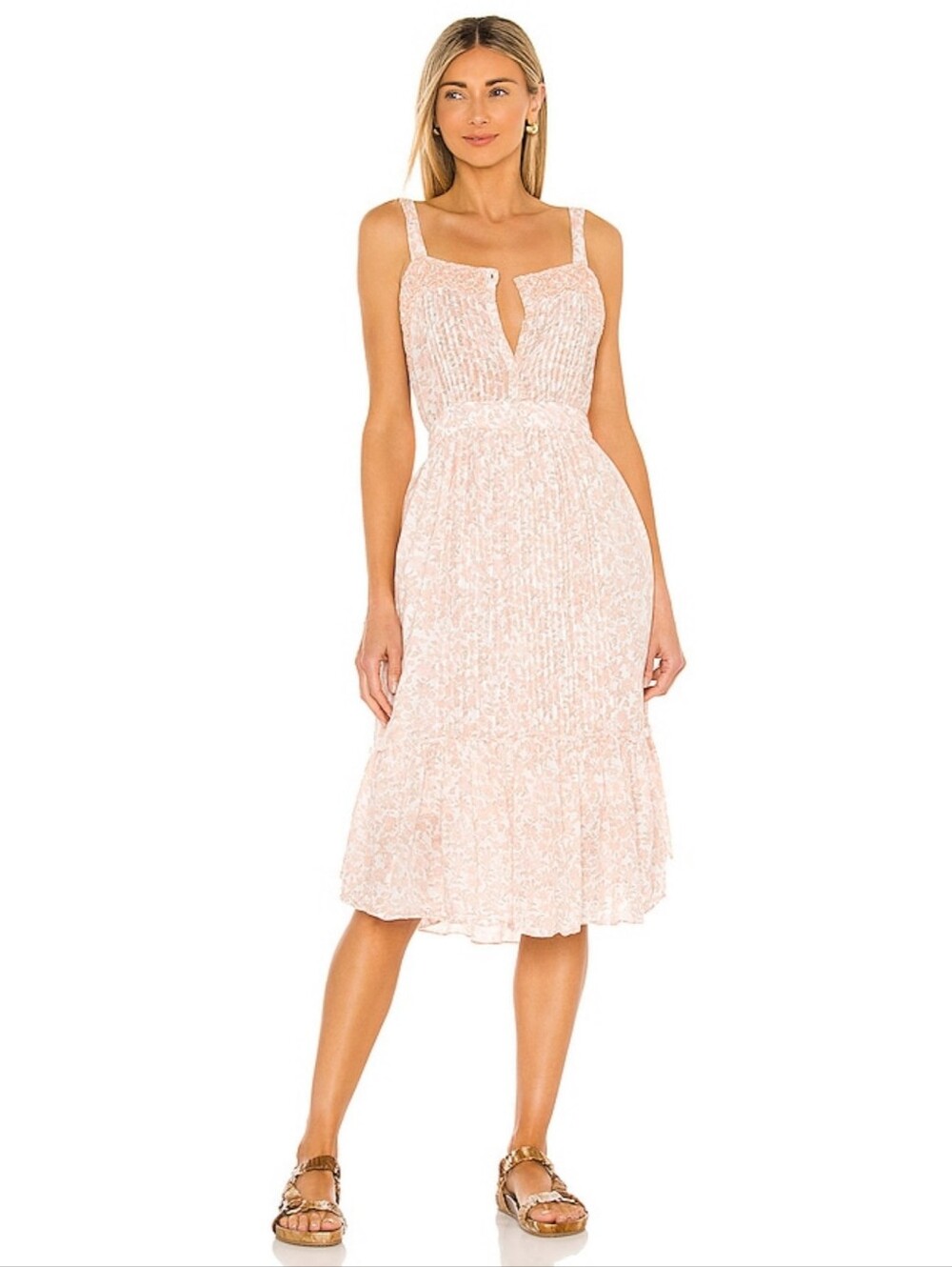 LoveShackFancy Tove Cotton Floral Midi Dress In Vanilla Foam Size 8